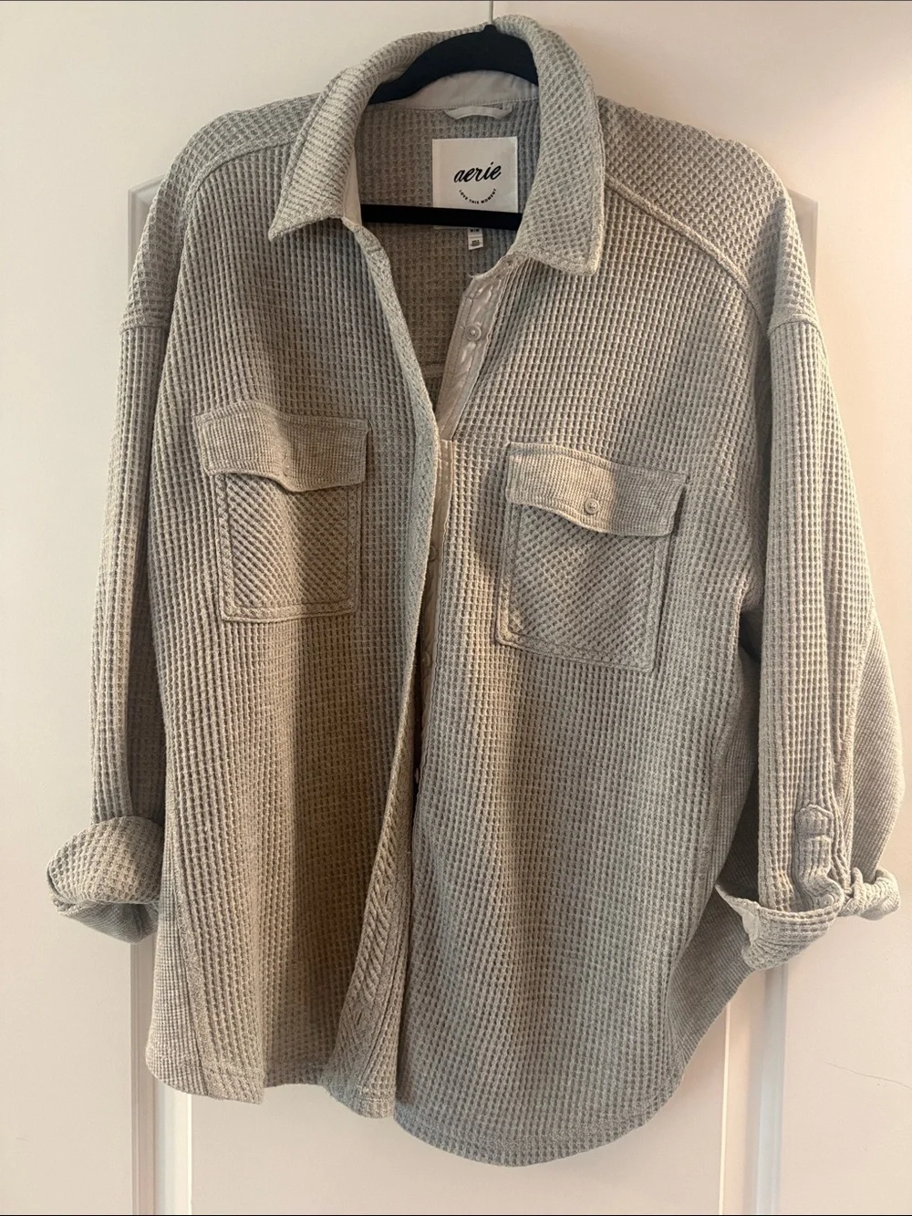 aerie Waffle-Knit Shacket in gray